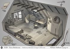 this is an image of a drawing of a bedroom