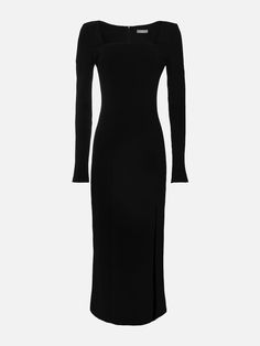 LICHI - Online fashion store :: Clothing Chic Bodycon Midi Dress With Square Neck, Fitted Longline Midi Dress For Date Night, Fall Bodycon Dress With Square Neck, Fall Party Dress With Straight Neckline, Sleek Midi Dress With Side Slits For Work, Fitted Long Sleeve Dress With Square Neck, Fitted Longline Fall Dresses, Elegant Midi Bodycon Dress With Side Slits, Elegant Bodycon Maxi Dress With Square Neck