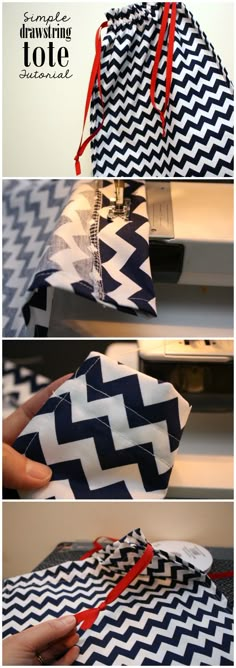 three pictures showing how to make a chevroned bag with zippers and ties