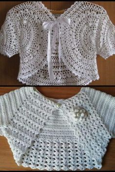 crocheted baby sweaters are shown in two different pictures