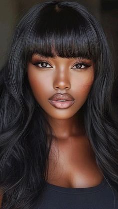 Long Straight Hairstyles For Black Women, Weave With Bangs, Black Hairstyles With Bangs, Chinese Bangs, Bang Hairstyles, Crown Ideas, Bangs Hairstyles