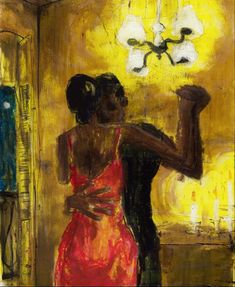 an oil painting of two people dancing in front of a chandelier and mirror