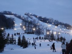 many people are skiing and snowboarding on a snowy hill at night time with lights in the trees