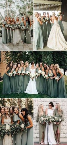 the bride and her bridal party are posing for pictures in their green gowns