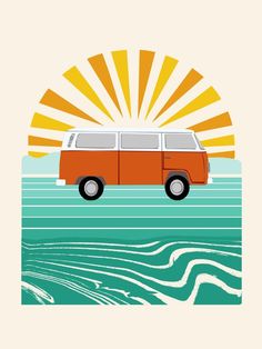 an orange van driving through the ocean with sunbursts above and waves below