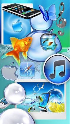 an image of a cell phone and fish in the water with music notes on it