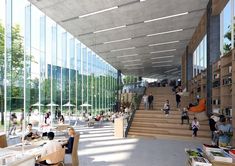 an artist's rendering of the interior of a library with people walking and sitting