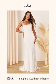 a woman in a white wedding dress with the words shop the wedding collection