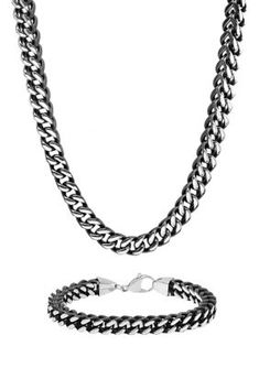 Belk & Co. Franco Link Chain Bracelet And Necklace Set In Black Stainless Steel. Find the perfect gift set for him in this stainless steel Franco link chain bracelet and necklace set, featuring a two-tone, black and silver, polished finish.