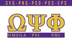 the word omega pst phi in yellow and purple on a white background