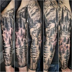 this is an image of a man's arm with trees and mountains on it