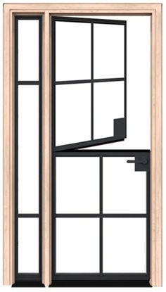 an open window with black frame and wood trims on the outside, in front of a white background