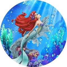 the little mermaid is sitting on top of an ocean creature with her hair blowing in the wind