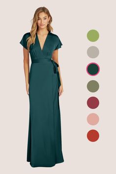 a woman in a long green dress with different colors and shapes to choose from, including the