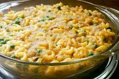 a casserole dish filled with macaroni and cheese