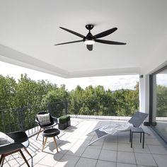 the ceiling fan is hanging on the balcony