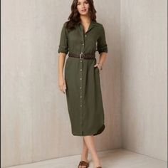 This Nwt Karen Kane Medium-Sized Women's Long Shirt Dress In Olive Green Is Perfect For Any Occasion. It's Made From A Comfortable Rayon/Linen Blend And Features A Button-Up Design, Long Sleeves, And Pockets. The Belted Waist Adds A Flattering Touch To This Solid Pattern Dress. Brand: Karen Kane Color: Olive Green Size: Medium Style: Long Sleeve, Button-Up, Belted Material: Rayon/Linen Blend Features: Pockets, Belted Waist Pattern: Solid Nwt Karen Kane Dress, Women's Medium Dress, Long Shirt Dre Linen Shirt And Dress Outfit, Olive Green Dress Outfit Fall, Olive Outfits For Women, Olive Green Dress Outfit, Classroom Outfits, Long Button Down Dress, Olive Green Shirt Dress, Green Dress Outfit, Dress Work Outfit