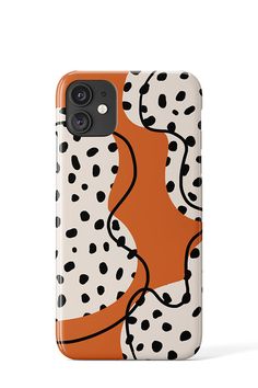 an orange and white phone case with black dots on the front, featuring a woman's face