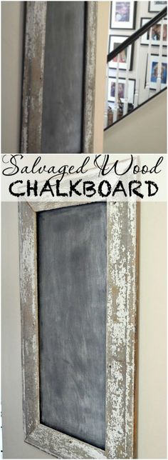 an old chalkboard is hanging on the wall in front of a mirror and framed photo