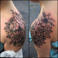 two pictures of the same woman's shoulder with flowers on it, and one is showing