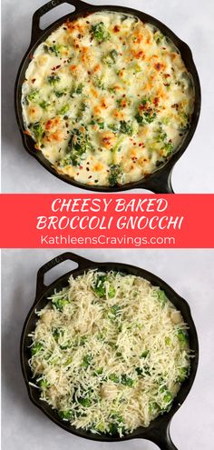 cheesy baked broccoli and cheese casserole in a cast iron skillet