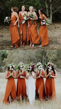 the bridesmaids are wearing orange dresses and holding bouquets