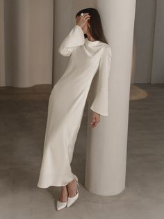 Maxi dress with flared cuffs :: LICHI - Online fashion store Modest Fashion Fall, White Dress Winter, Long Sleeve Maternity Dress, Classic White Dress, Temple Dress, Rehearsal Dinner Dresses, White Long Sleeve Dress, Online Fashion Store, Online Fashion Stores