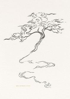 an ink drawing of a tree with clouds in the sky and water on it's side