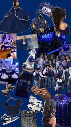 a collage of photos with people dressed in blue and white, including dresses, shoes, and accessories