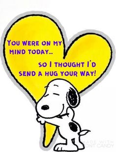 a cartoon dog holding a heart shaped balloon with the words you were on my mind today so i thought i'd send a hug your way