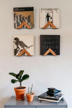 three books are hanging on the wall above a table with a potted plant in front of it