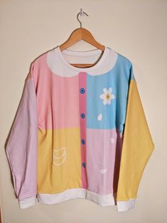 Kidcore Sweatshirts & Hoodies, Kidcore Pink Outfit, Kidcore Fashion Pastel, Harajuku Style Multicolor Cotton Tops, Multicolor Cotton Harajuku Tops, Cute Long Sleeve Patchwork Tops, Cute Long Sleeve Tops With Patchwork, Cute Pink Patchwork Tops, Playful Patchwork Crew Neck Top