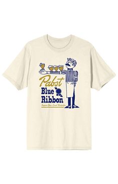 Grab a glass and celebrate your favorite beer with this Pabst Blue Ribbon tee. The shirt features a bartender with an extended arm holding four glasses of Pabst. Blue and yellow letters below the image read, "Pabst Blue Ribbon." The tee comes in a natural ground short-sleeved crew neck. Fans of Pabst Blue Ribbon Blue will love the fun design of this t-shirt.Solid color teeShort sleevesCrew necklineFront graphicStandard fitMachine washable PacSun Womens Pabst Blue Ribbon Bartender T-Shirt - White Student Government Shirts, Vintage Beer Shirts, Yellow Letters, Tailgate Shirt, Coffee Graphic Tee, Bbq Shirt, New Shirt Design, Senior Shirts, Pabst Blue Ribbon