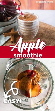 an apple smoothie is in a glass bowl