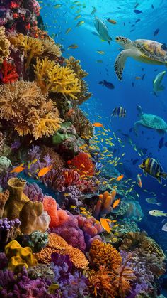 an underwater view of colorful corals and tropical fish