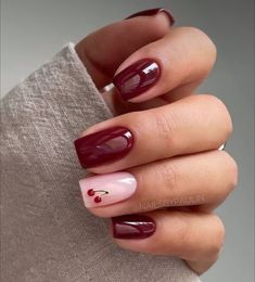 Red Fall Nails Short, Girlish Nail Art, Autumn Nails Dark Red, Burgundy Gel Nails Design, November Nail Ideas Square, Fall Nails Design 2024, Cherry Red Nail Art, Autumn Pink Nails, Burgundy And Pink Nails