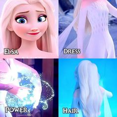 four different pictures of frozen princesses and their names