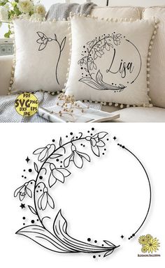 two pillows with embroidered designs on them, one is white and the other is black