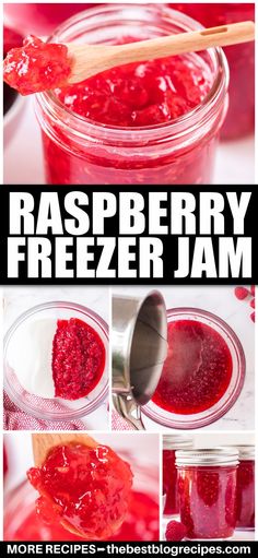 raspberry freezer jam in a jar with spoons