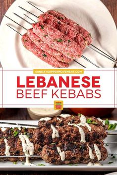 an image of some meat kebabs on a plate with the words lebanse beef kebabs