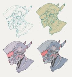 four different colored drawings of people in suits and hats with horns on their heads,