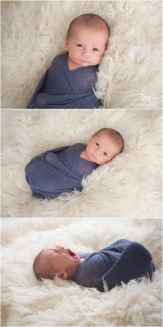 three photos of a baby laying on top of a white blanket with their eyes closed