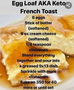 an egg loaf aka keto french toast recipe on a white plate with caramel sauce