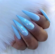 💥For more poppin pins follow @glowxsin💥 Blue Stiletto Nails, Blue Nail Art Designs, Blue Glitter Nails, Light Blue Nails, Baby Blue Nails, Blue Acrylic Nails, Blue Nail Art