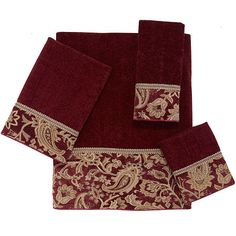 three piece towel set in red and gold with paisley design on the front, two matching towels