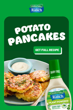 an advertisement for potato pancakes on a plate with ranch dip in the middle and another product next to it