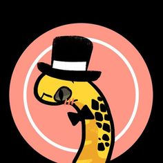 a giraffe wearing a top hat and holding a banana in its mouth with a pink circle behind it