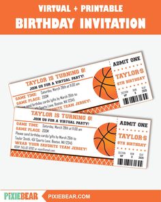 two basketball themed birthday party tickets with the text, virtual and printable birthday invitation