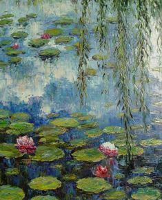 a painting of water lilies and willows on a pond with green leaves in the foreground