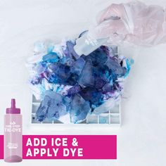 the dye is blue and purple on the white surface next to it's plastic bag